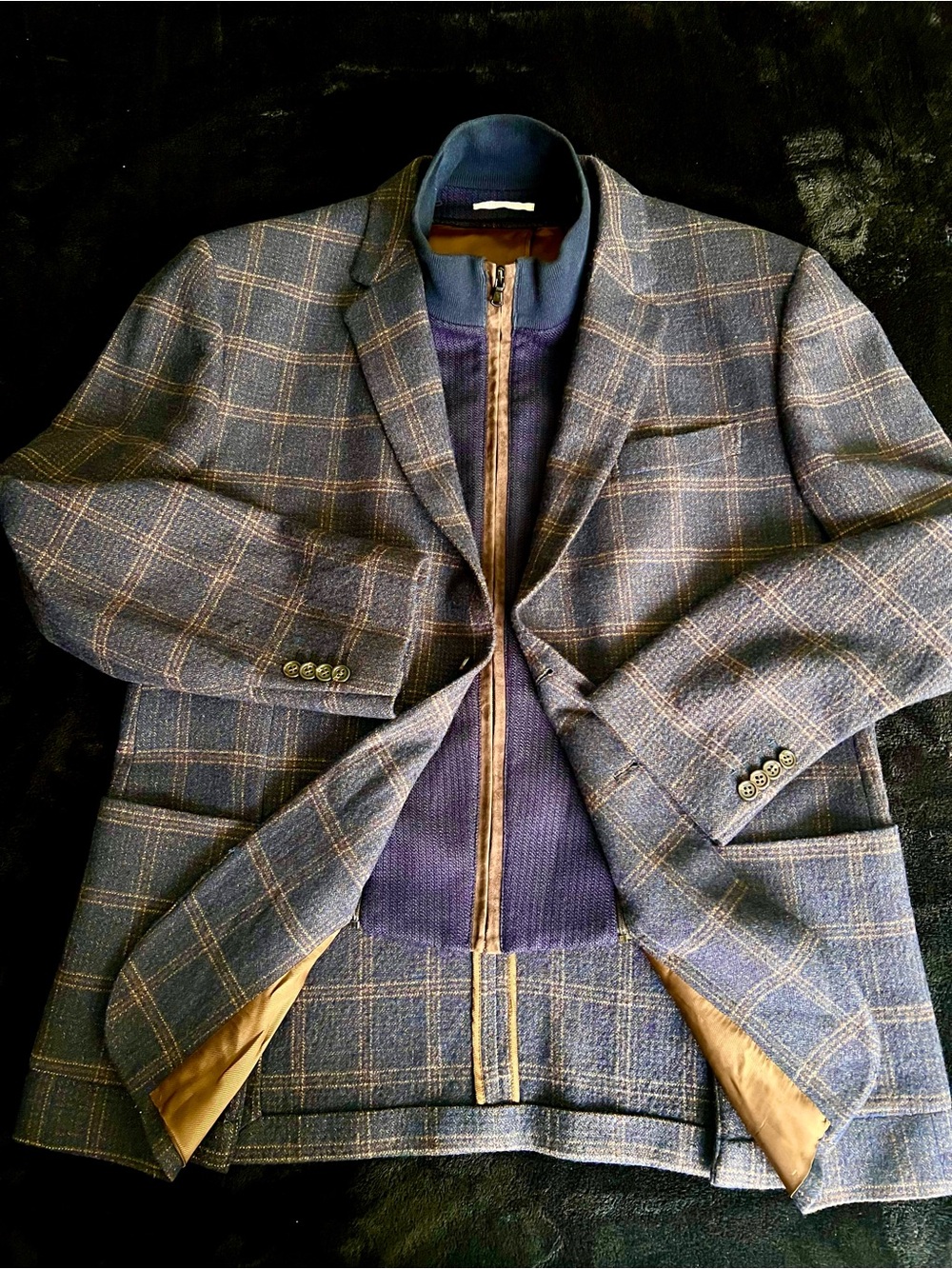 Italian , Johnston & Murphy Blue Windowpane Sport Coat with Navy Knit Zip